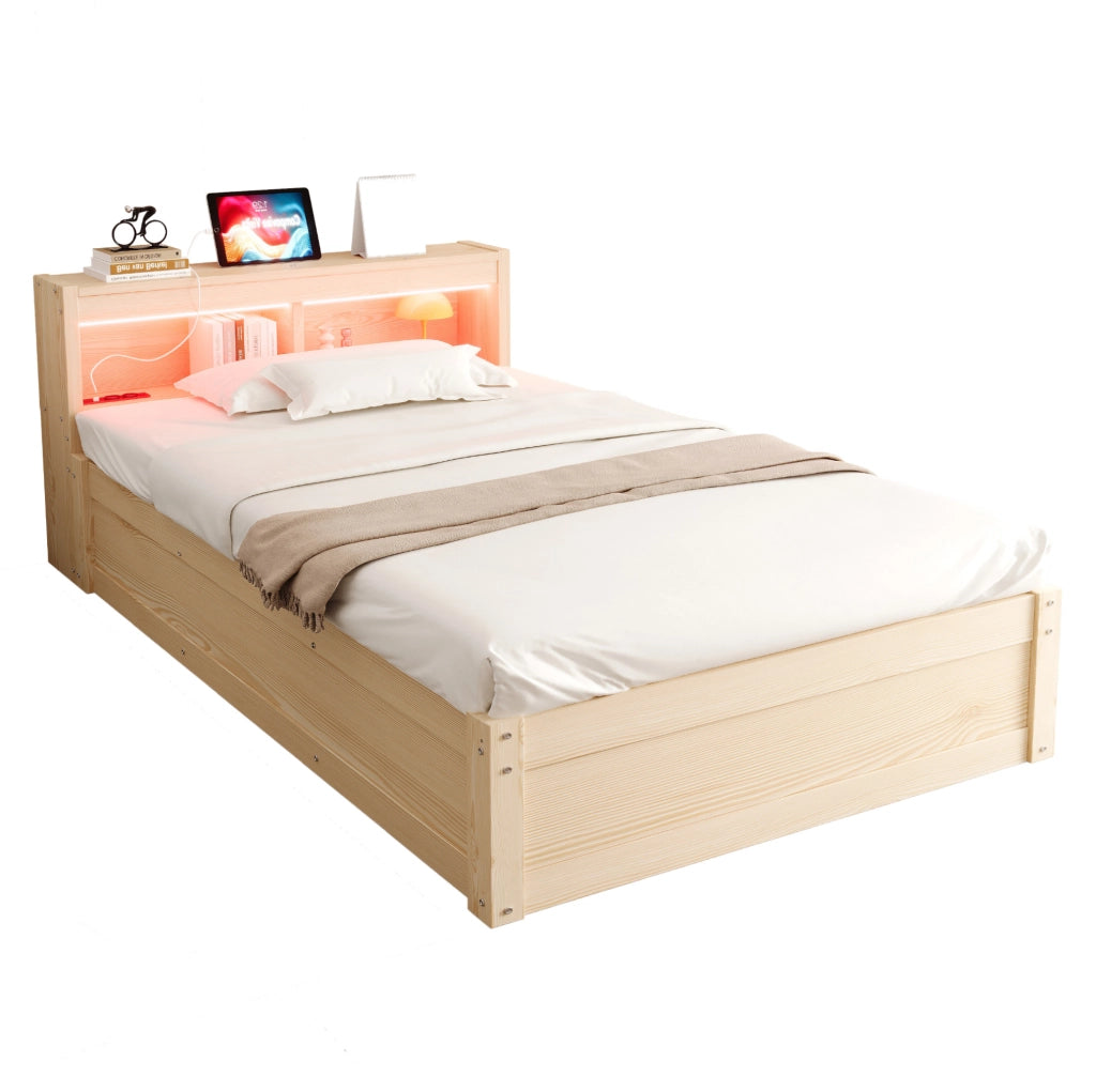 Letto singolo multifunzionale 90x200 cm con LED, presa integrata e vano contenitore