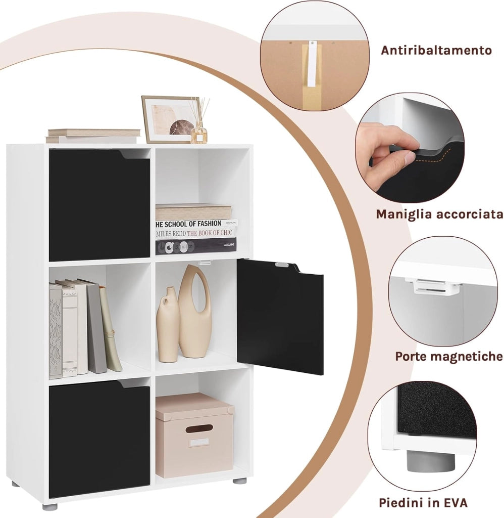 Libreria Armadio a 6 Cubi con Ante Mensola di Legno Portadocumenti Scaffale per Casa e Ufficio Porta Libri CD, Bianco+ Nero, SK001wsz