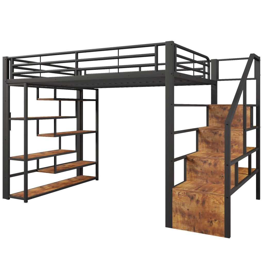Letto a soppalco 140x200 cm in metallo e MDF con scala integrata; LED e scaffali; nero