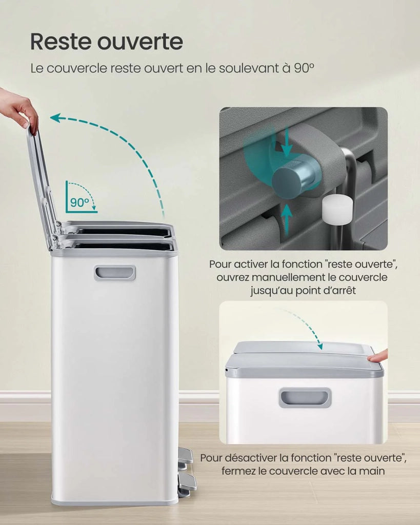 Pattumiera da cucina 2 x 30 litri 2 scomparti pattumiera a pedale con coperchio a chiusura ammortizzata secchi interni in acciaio 15 sacchi bianchi 12_0007971