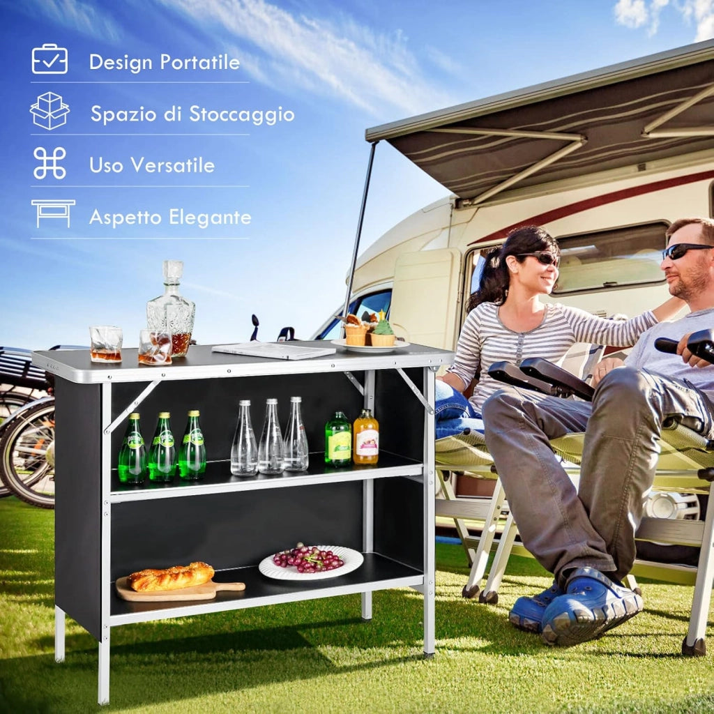 Cucina da Campeggio Pieghevole con Telaio in Alluminio, Mobile da Campeggio con 3 Ripiani e Borsa per Trasporto, Cucina da Esterno per Attività all'Aperto, Picnic e Barbecue (Nero)