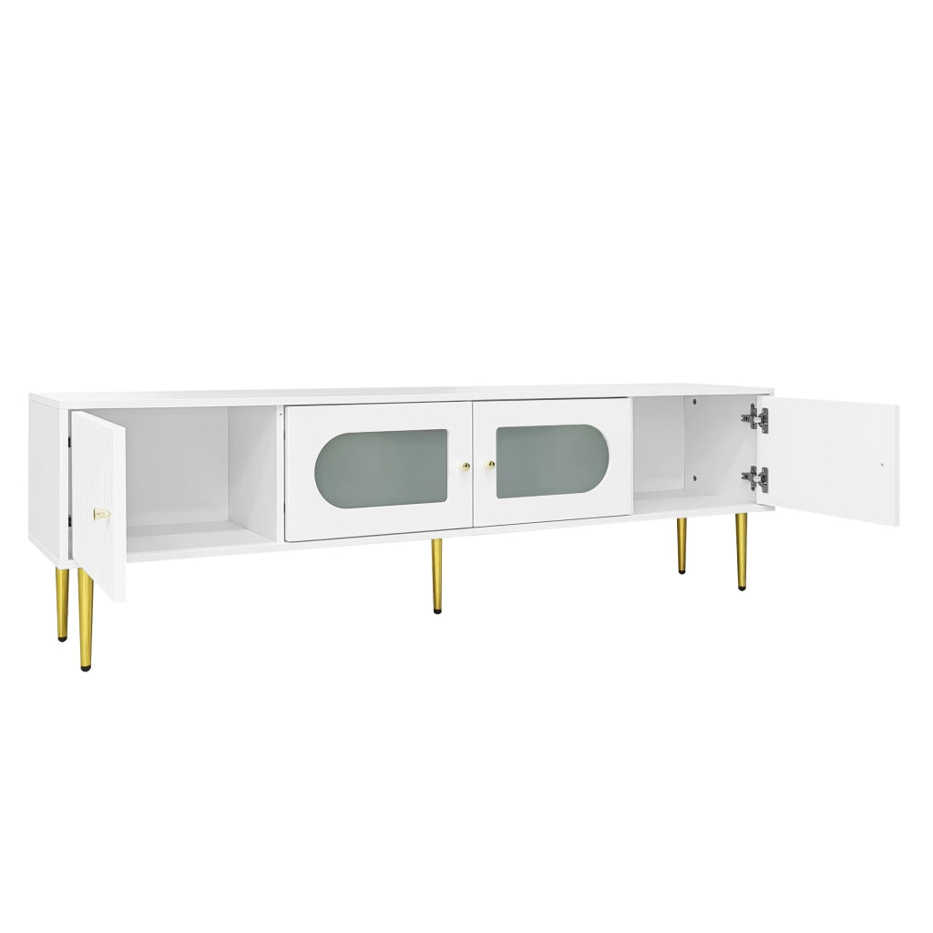 Mobile porta TV con 4 ante, 2 vani con vetro arcuato e 2 fori passacavi, per soggiorno, truciolato bianco, 170 × 35 × 50 cm