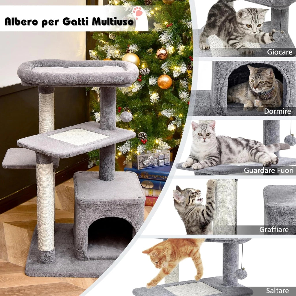 Albero per Gatti a 4 Piani, Torre per Gatti con Tiragraffi, Nicchia, Pallina di Peluche con Sonagli, Piattaforma per Saltare, Albero Tiragraffi Gattini (Grigio)