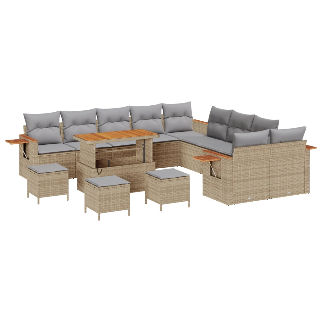 Set Divano da Giardino 14 Pezzi con Cuscini Beige Polyrattan Acacia