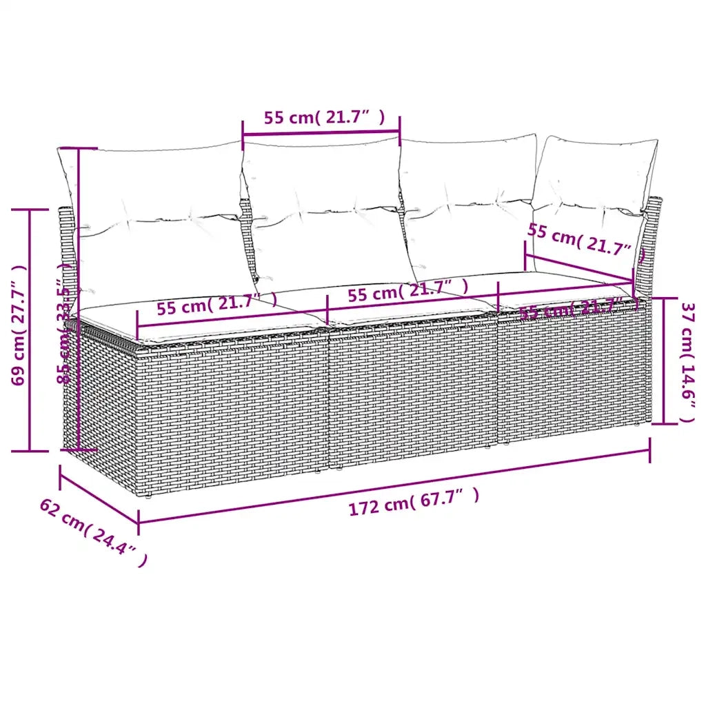 Divano da giardino con cuscini a 3 Posti-Sofa da Giardino-Divano da esterno marrone in polyrattan 175076