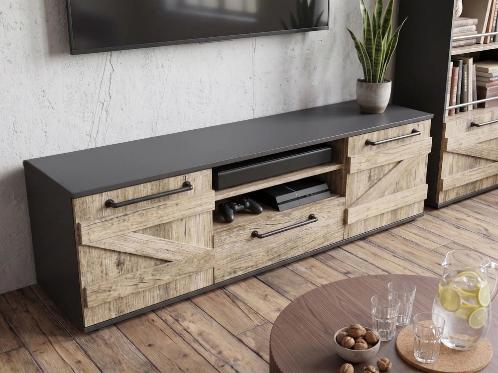 Mobiletto da TV in legno chiaro e truciolare color nero 43 cm stile design rustico soggiorno