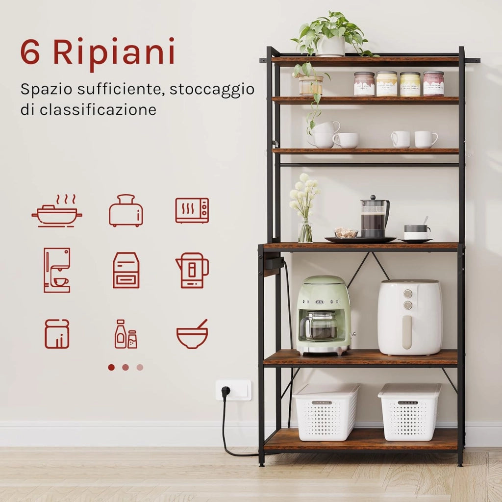 Scaffale da Cucina a 6 Livelli con Prese di Corrente, Scaffale per Microonde con Struttura in Metallo e Piano di Lavoro Aperto, Nero+Marrone Rustico, 80x39,5x167cm
