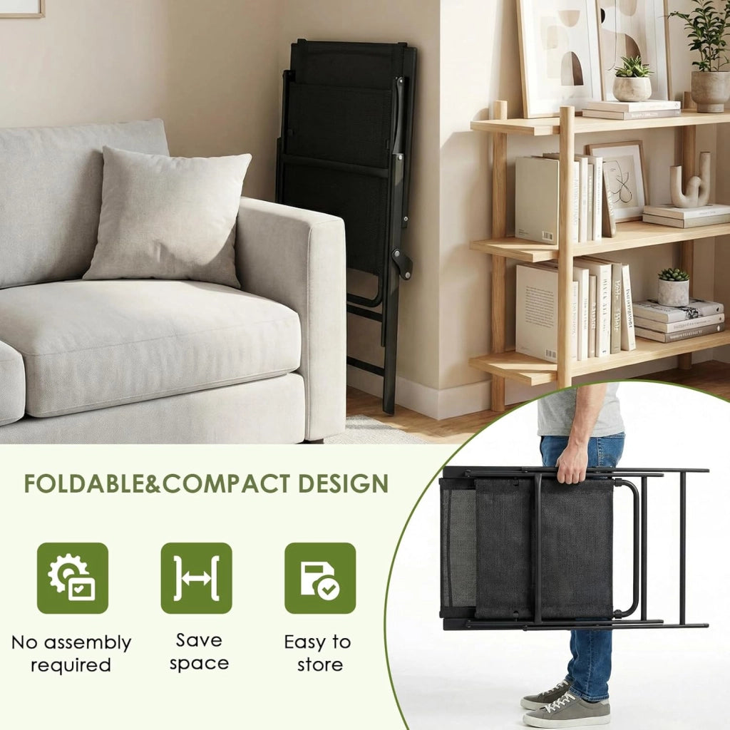 Set di 2 Sedie da Giardino Pieghevoli, Sedie da Campeggio con Schienale e Braccioli, Struttura in Metallo, Portata 120kg, Sedia Pieghevole Leggera per Balcone, Terrazza, Nero