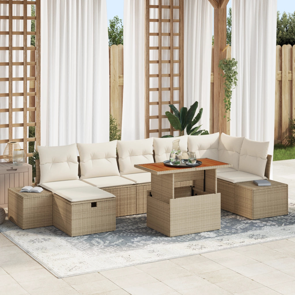 Set da Pranzo da Giardino 8 Pezzi con Cuscini Beige Polyrattan Acacia