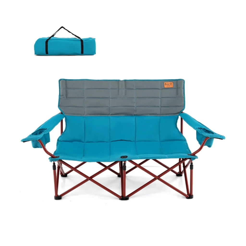 Sedia da campeggio a 2 posti 147 x 69 x 82 cm seduta imbottita pieghevole con portabicchieri in metallo blu 20_0011148