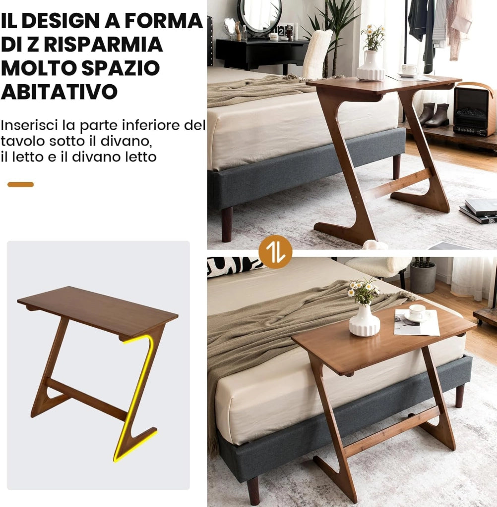 Tavolino Laterale, Tavolino da Divano e Letto in Bambù con Ampio Piano per Laptop, Struttura Stabile, Design Salvaspazio per Camera da Letto, Soggiorno, Studio, 75 x 40 x 70 cm (Marrone)