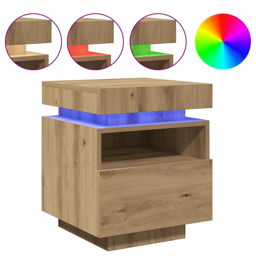 Set di 2 Comodini | Armadio da Notte | Mobiletto da notte con Luci LED Rovere Artigianale 40x39x48,5 cm