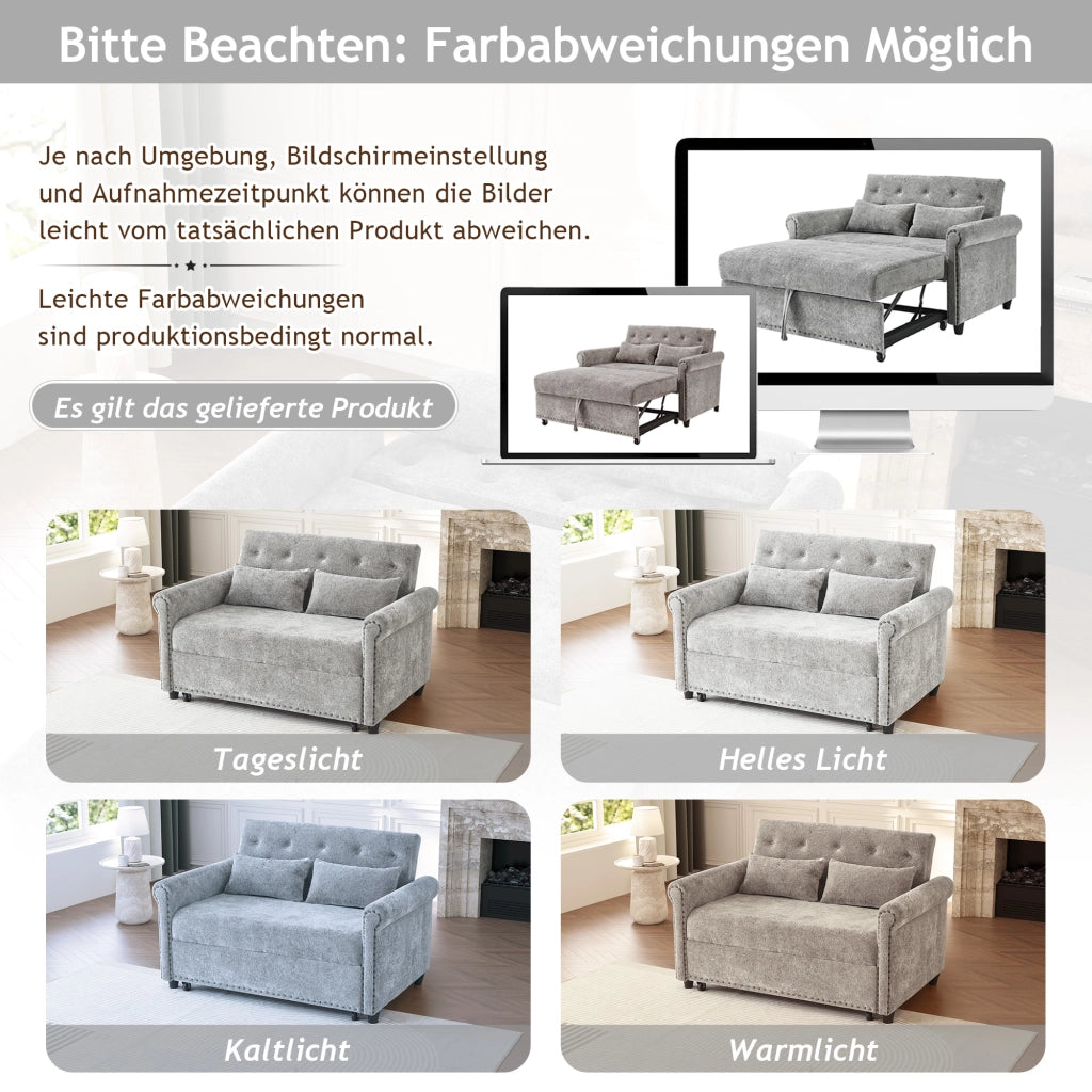 Divano letto 3 in 1 con schienale reclinabile a 3 posizioni letto estraibile in chenille grigio con due cuscini