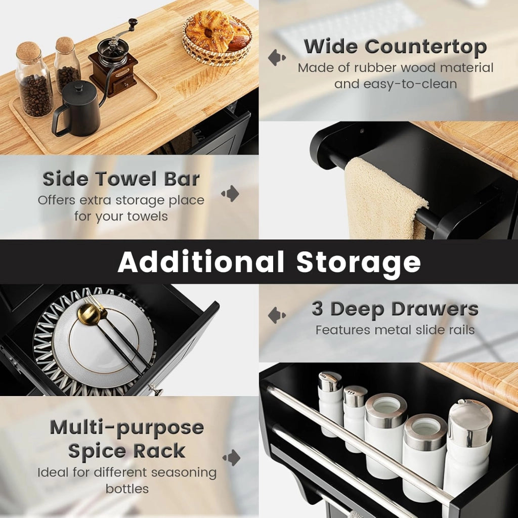 Carrello da Cucina in Legno di Quercia con 2 Armadi e 3 Cassetti, Credenza con 5 Rotelle e Cerniere in Metallo, Isola da Cucina per Soggiorno e Sala da Pranzo (Nero)