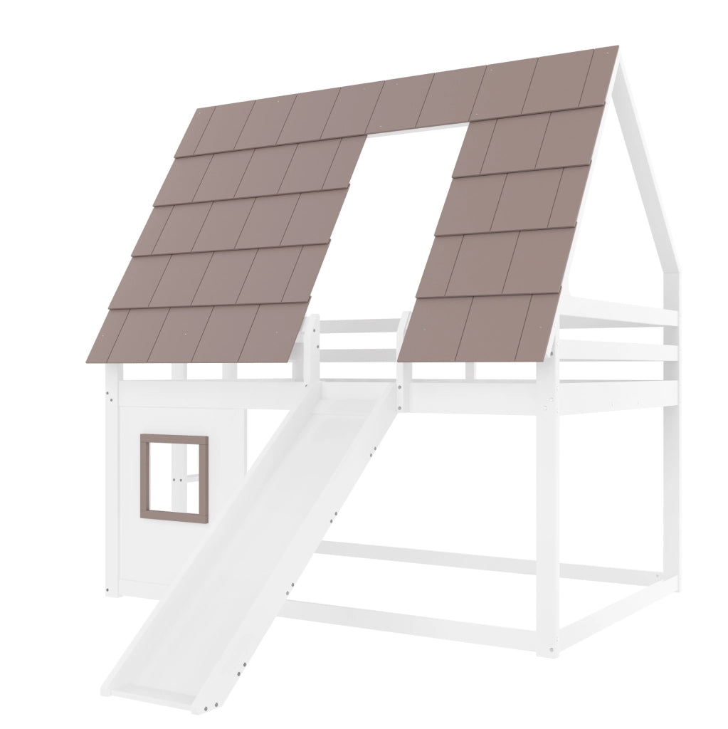 Letto a castello in legno a forma di casetta 140x200 cm con scivolo, scala, bianco e marrone
