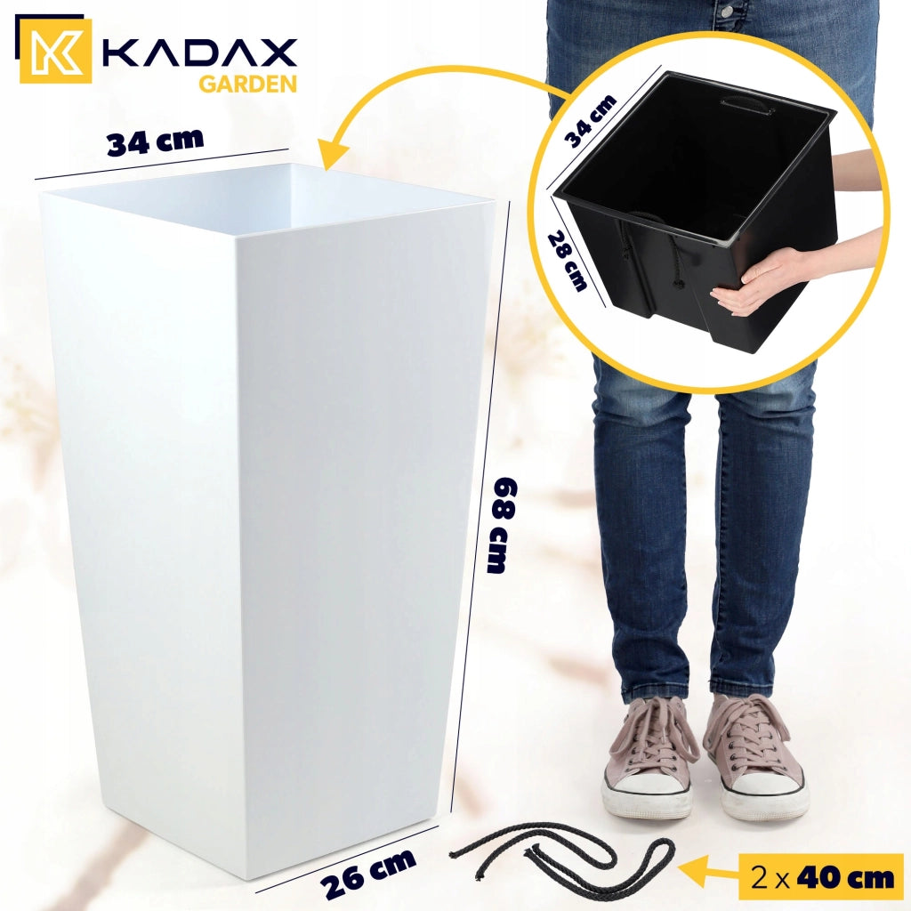 Vaso da giardino KADAX con inserto, 34 x 68 cm di altezza, bianco lucido, con grandi fiori.