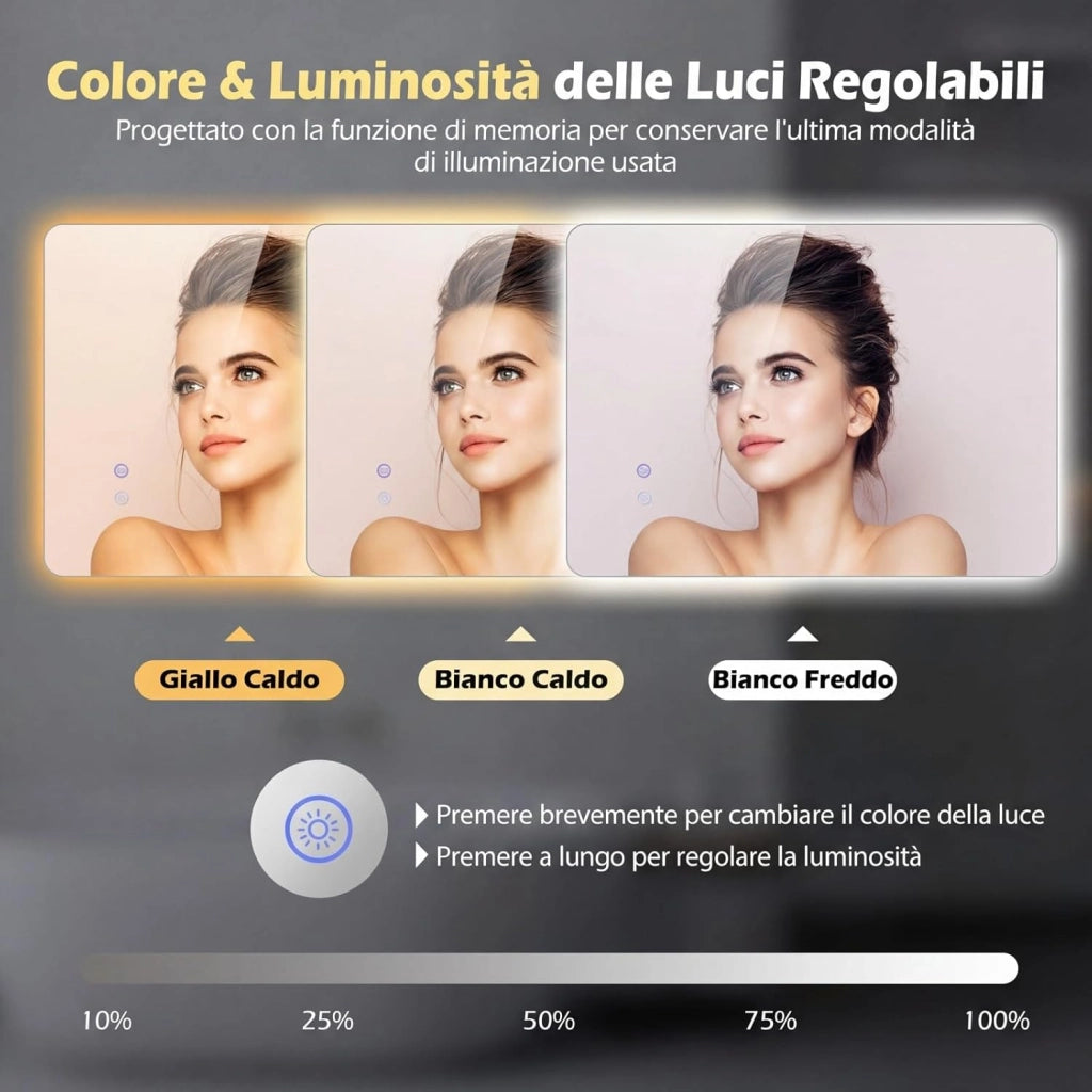 Specchio da Bagno Rettangolare con LED, Specchio da Parete con Luminosità Regolabile, Retroilluminato, Touch Intelligente, Vetro Temperato con Memoria e Anti-Appannamento (70 x 50 x 2,8 cm)