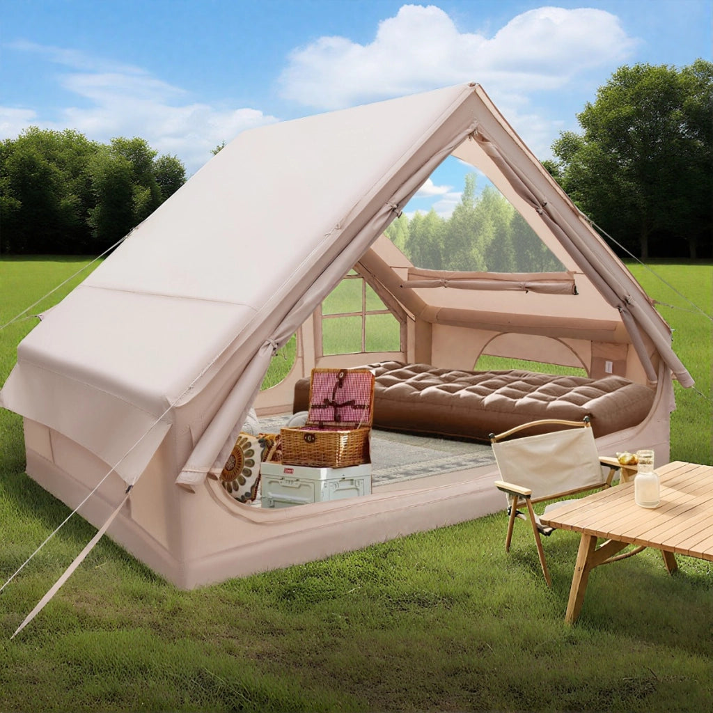 Tenda gonfiabile impermeabile per 4-6 persone con pompa, Tenda familiare portatile facile da montare per tutte le stagioni Beige-Tende