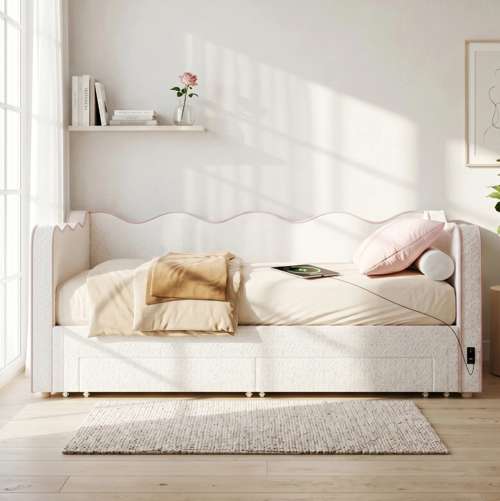Letto daybed estraibile 90x200 cm con cassetti; USB e Type-C; bouclé beige