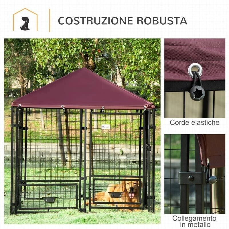 RECINTO PER CANI DA ESTERNO CON SERRATURA, 2 CIOTOLE GIREVOLI E COPERTURA RIMOVIBILE, NERO E ROSSO
