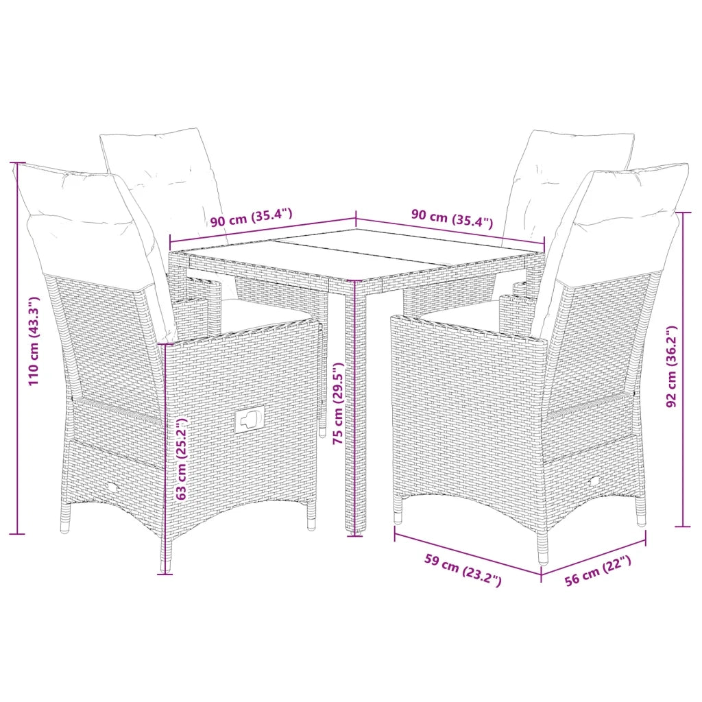 Set da Pranzo da Giardino 5 pz Nero con Cuscini in Polyrattan 3276680