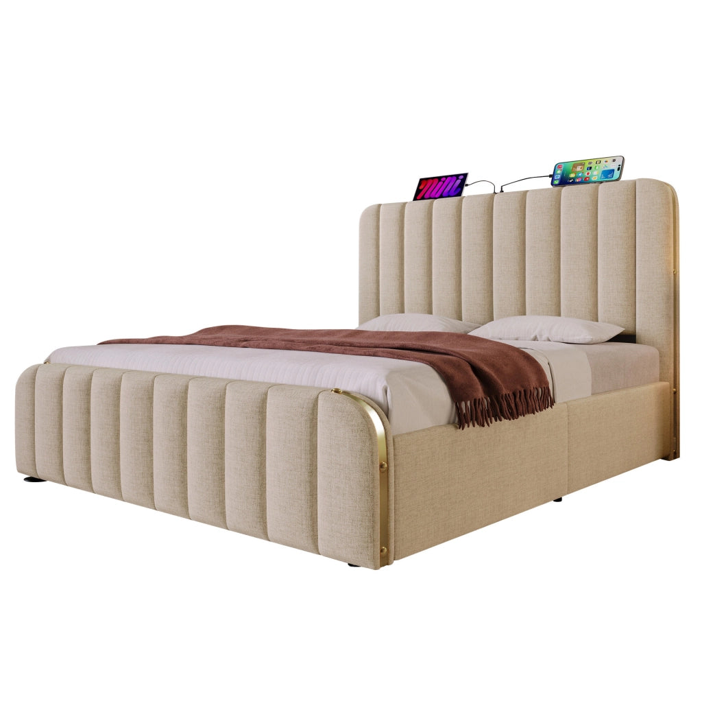 Letto imbottito 140 × 200 cm con contenitore idraulico; USB e Type-C; lino beige