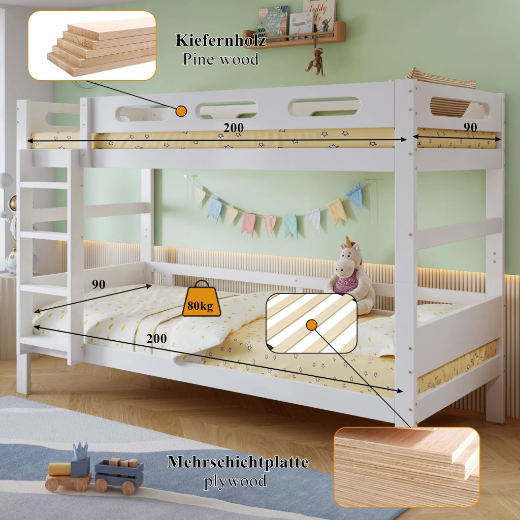 Letto a castello di 90x200 cm con sponda a scaletta in legno bianco