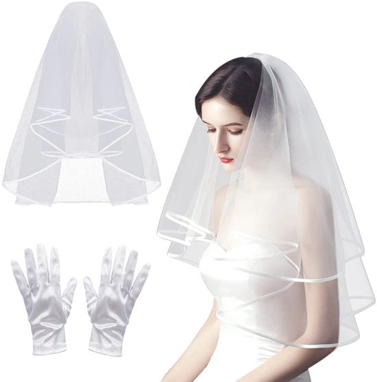 Accessori di Matrimonio - Sluier da Sposa 80 cm - Foulard Bianco - Manopole Corte a Maglia - Copricapo - Accessori da Sposa - Bordo a Maglia/Mesh - Accessori da Sposa