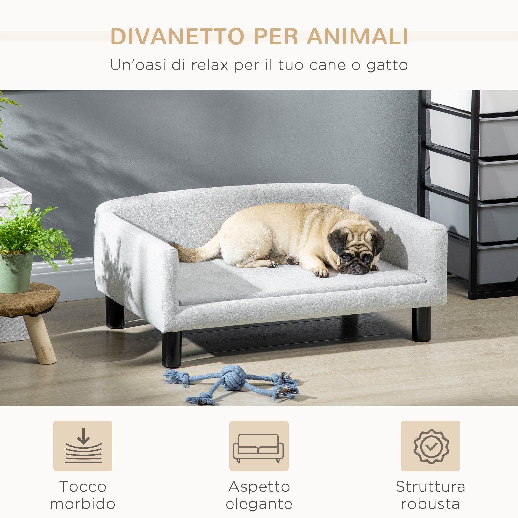 Cuccia Divano per Cani da Interno 82x54x36 cm in Legno di Betulla e Rivestimento Effetto Velluto Grigio Chiaro