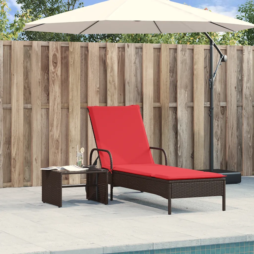 Lettino prendisole con ruote e Cuscino in Polyrattan Marrone 368314