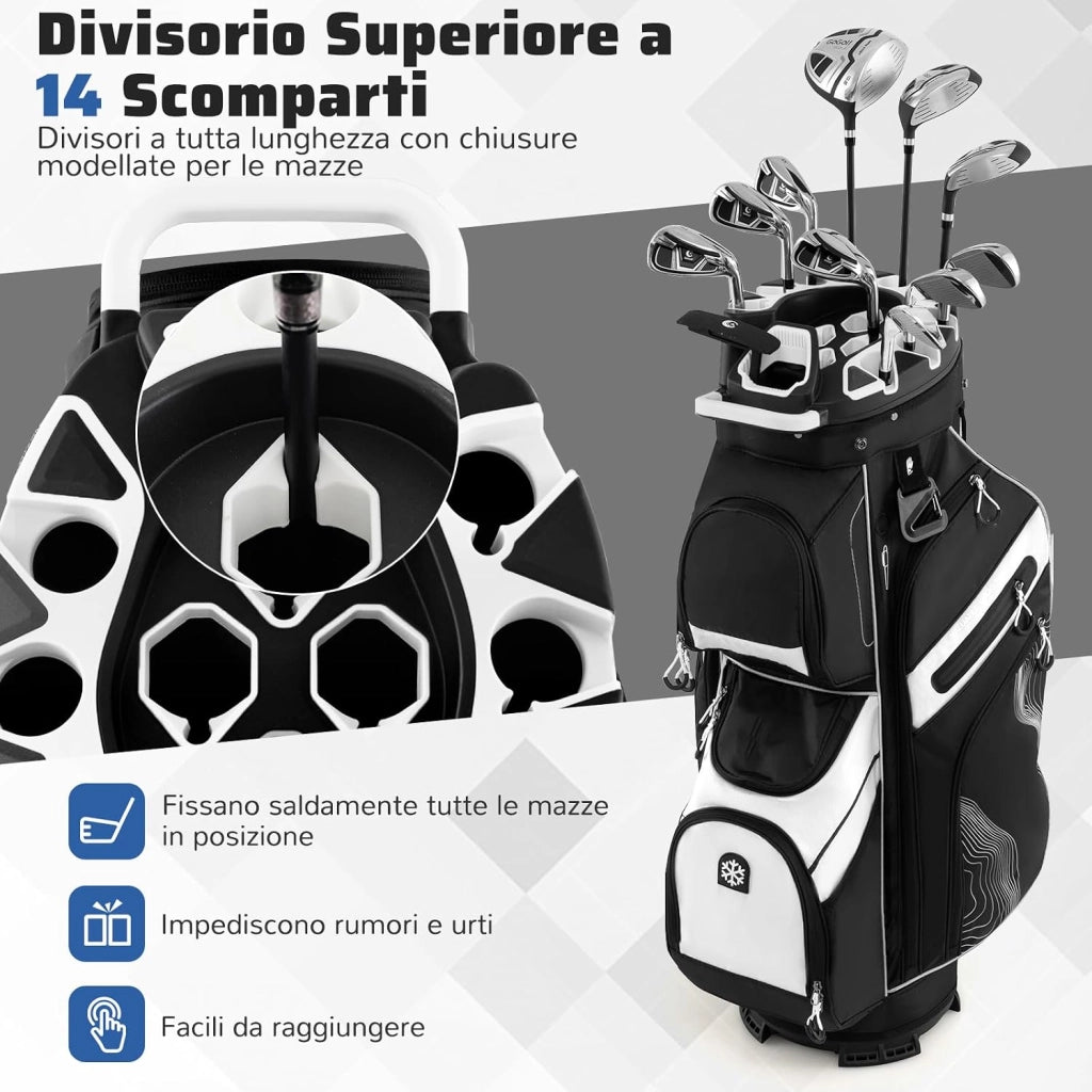 Borsa Carrello da Golf, Sacca da Golf con Serratura e Divisori a 14 Vie, 11 Tasche, Sacca Isolante, Tracolla Imbottita, Maniglie, Porta Ombrello e Cappuccio Antipioggia
