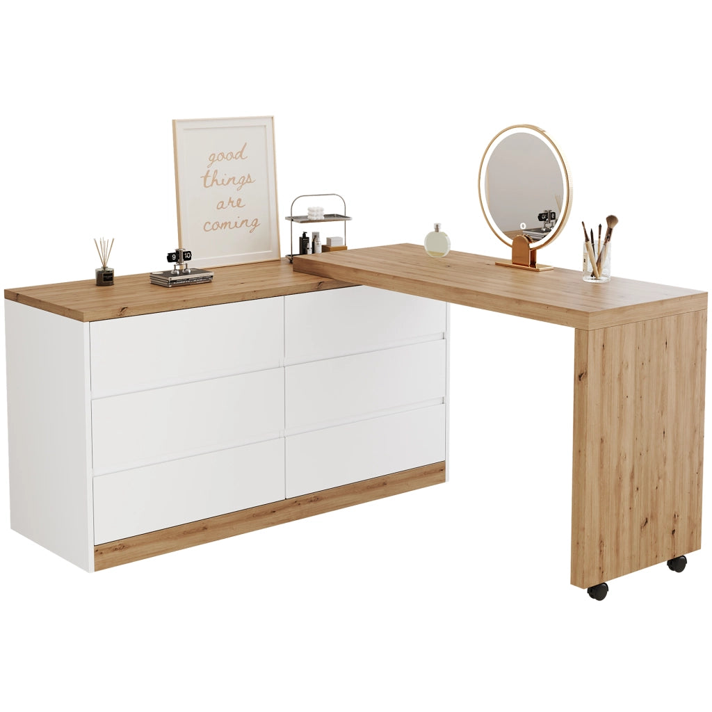Scrivania con 6 cassetti e piano girevole - per studio - 120×50×78 cm - bianco rovere