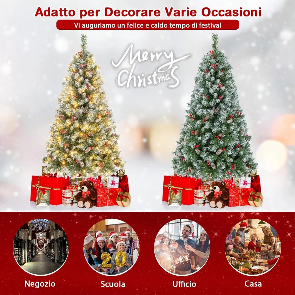 Albero di Natale Pre-Illuminato 150 cm, Albero di Natale con 200 Luci LED Bianche Calde, 8 Modalità di Illuminazione, 450 Punte di Ramo, Bacche Rosse e Pigne (150 cm)