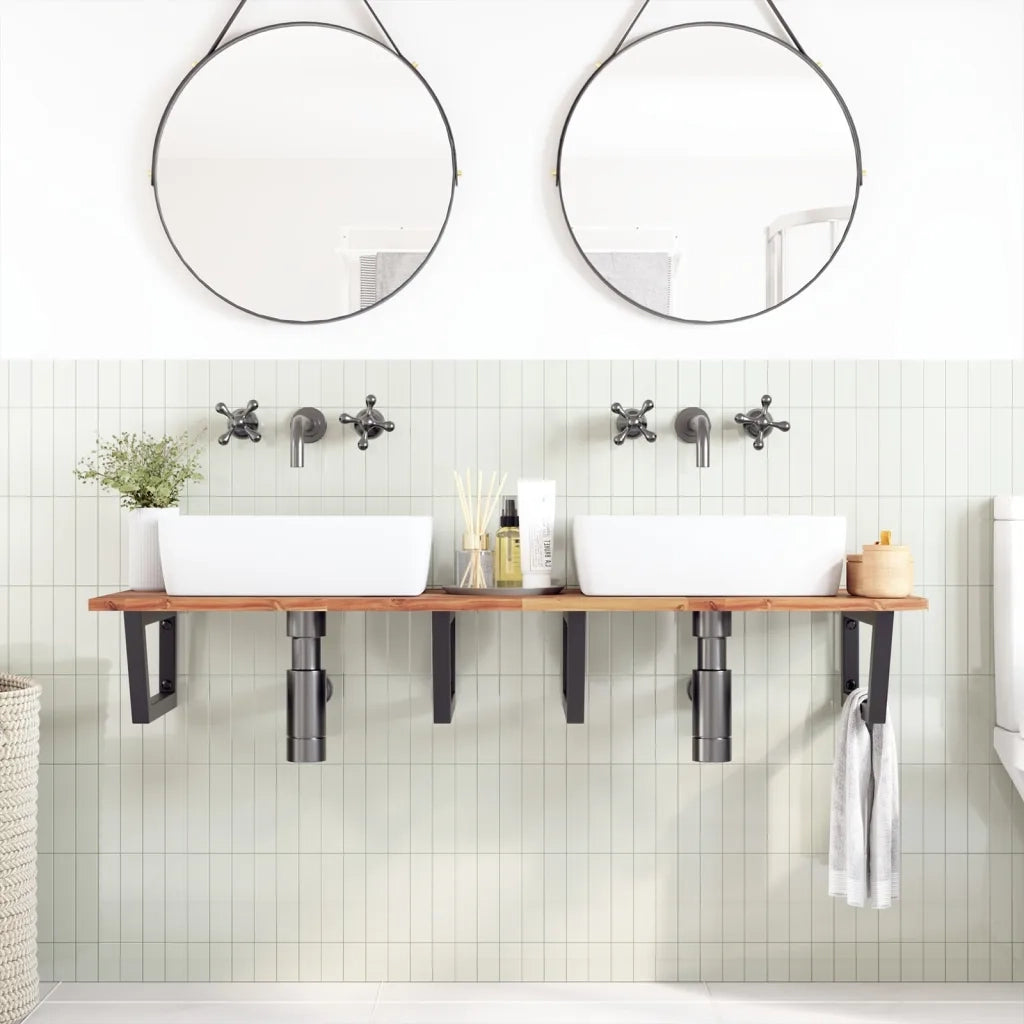 Ripiano a Parete per Lavabo in Acciaio e Massello di Acacia