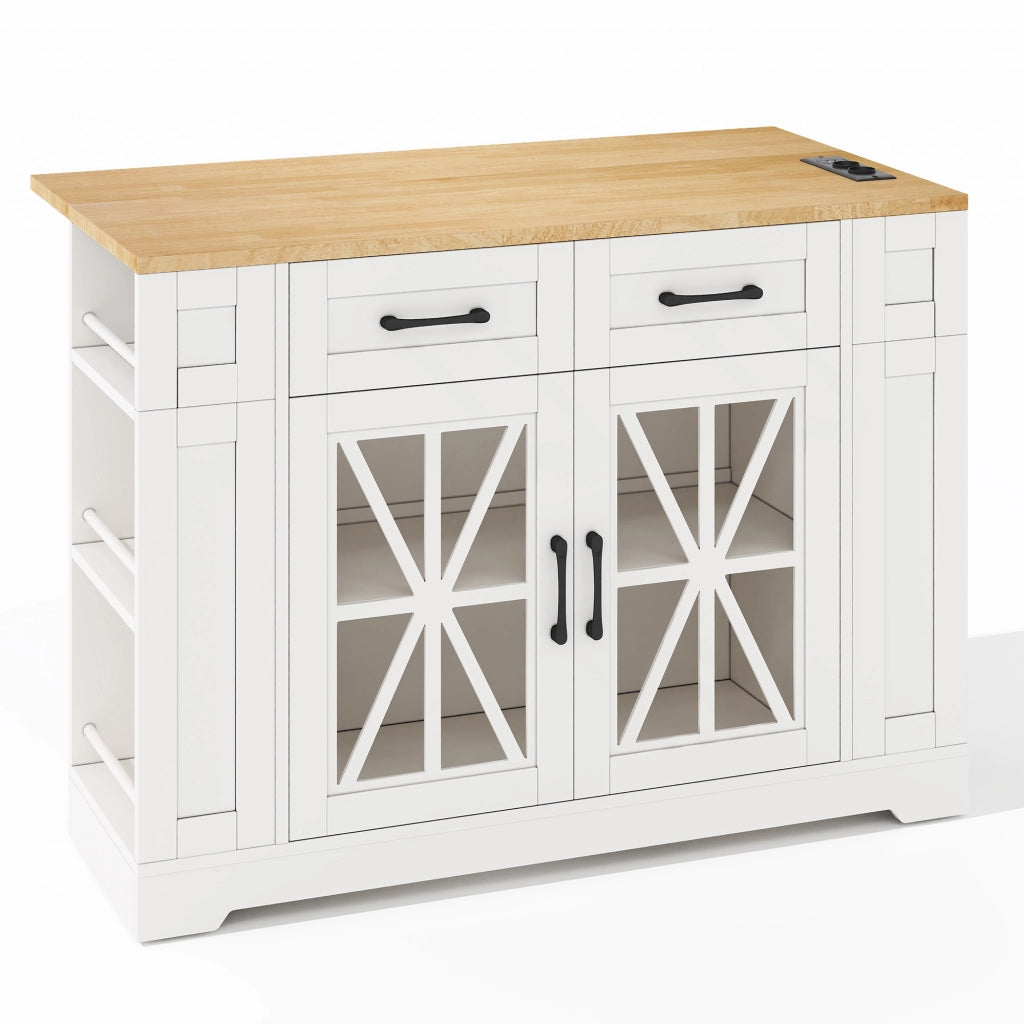 Carrello isola cucina con piano ribaltabile, 2 prese AC, 2 USB, ante in vetro e ruote frenanti