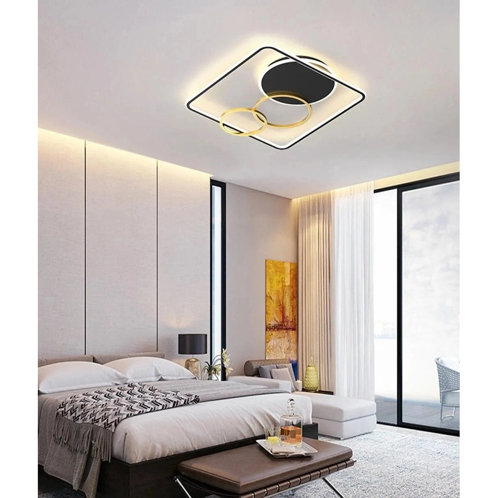 Trade Shop - Plafoniera Led 55w Quadrato Con Cerchi Nero Oro Lampada Soffitto Luce 4000k 70890 -