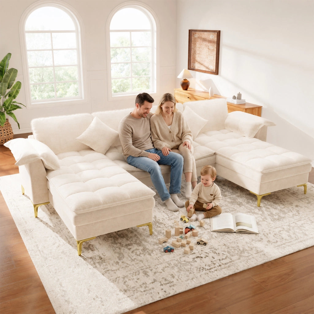 DIVANO A U 4-5 POSTI 262x134x86 cm Chenille Beige con 2 cuscini