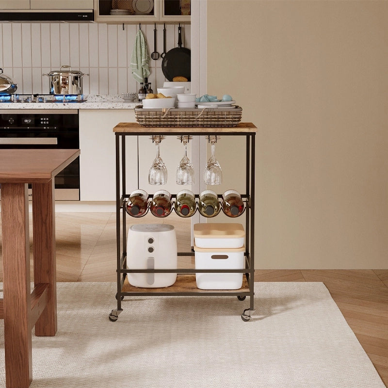 Mobiletto su ruote, marrone rustico, tavolo, ripiano, carrello da cucina, stile loft