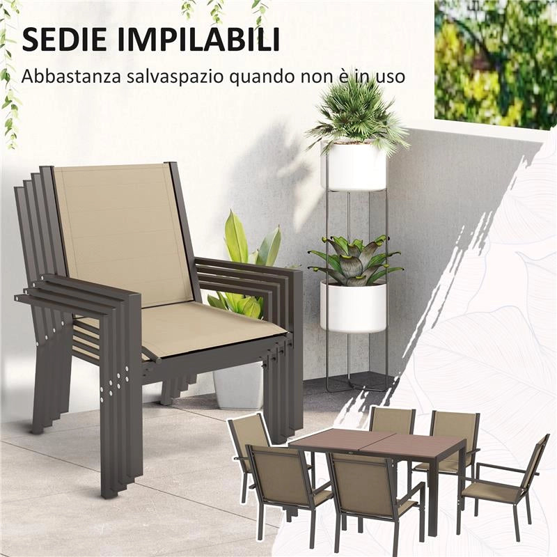 SET DA GIARDINO 7 PEZZI IN PLASTICA CON 6 SEDIE IMPILABILI E TAVOLO RETTANGOLARE, KAKI E MARRONE