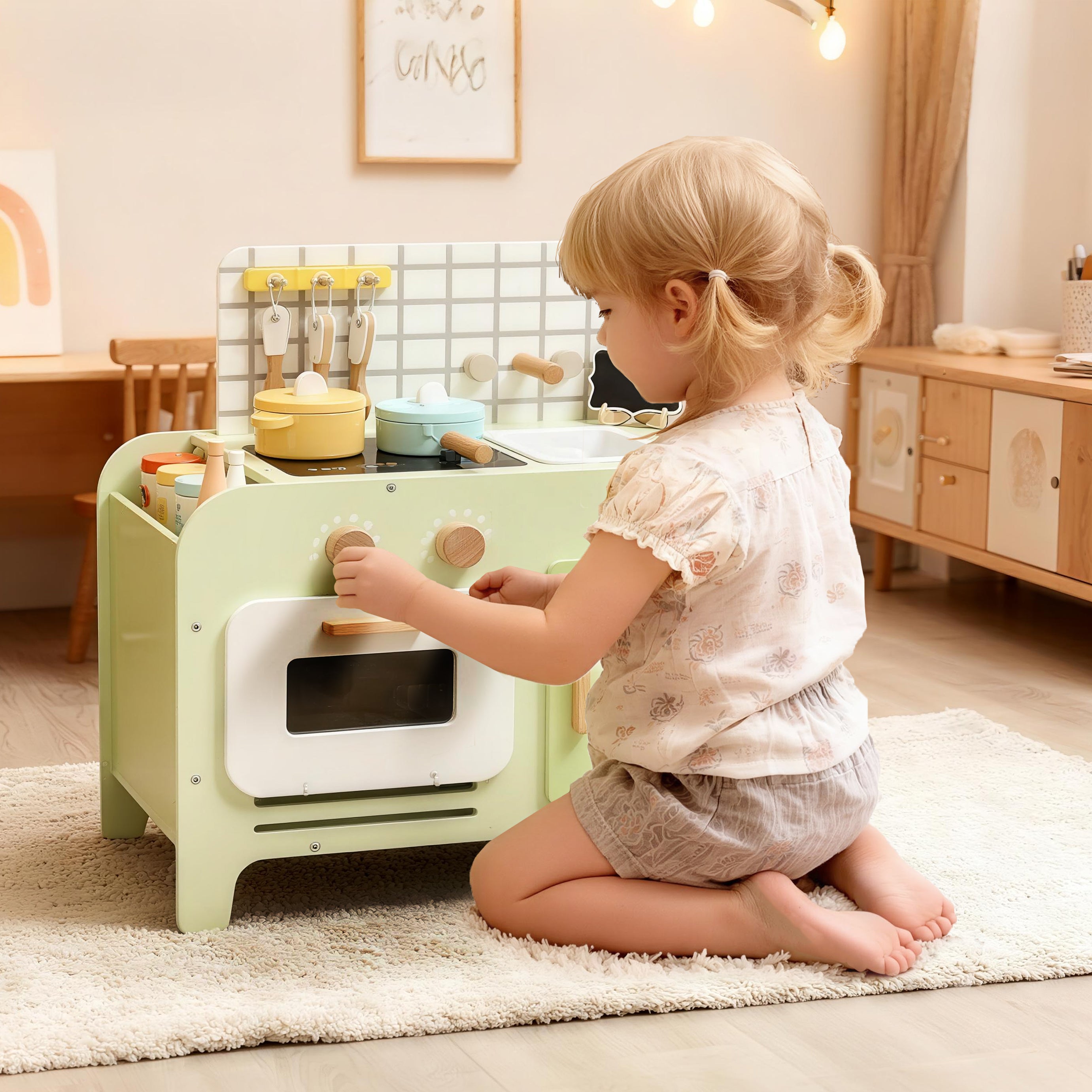 Set Cucina Giocattolo per Bambini da 3+ Anni con 15 Accessori in Legno Verde