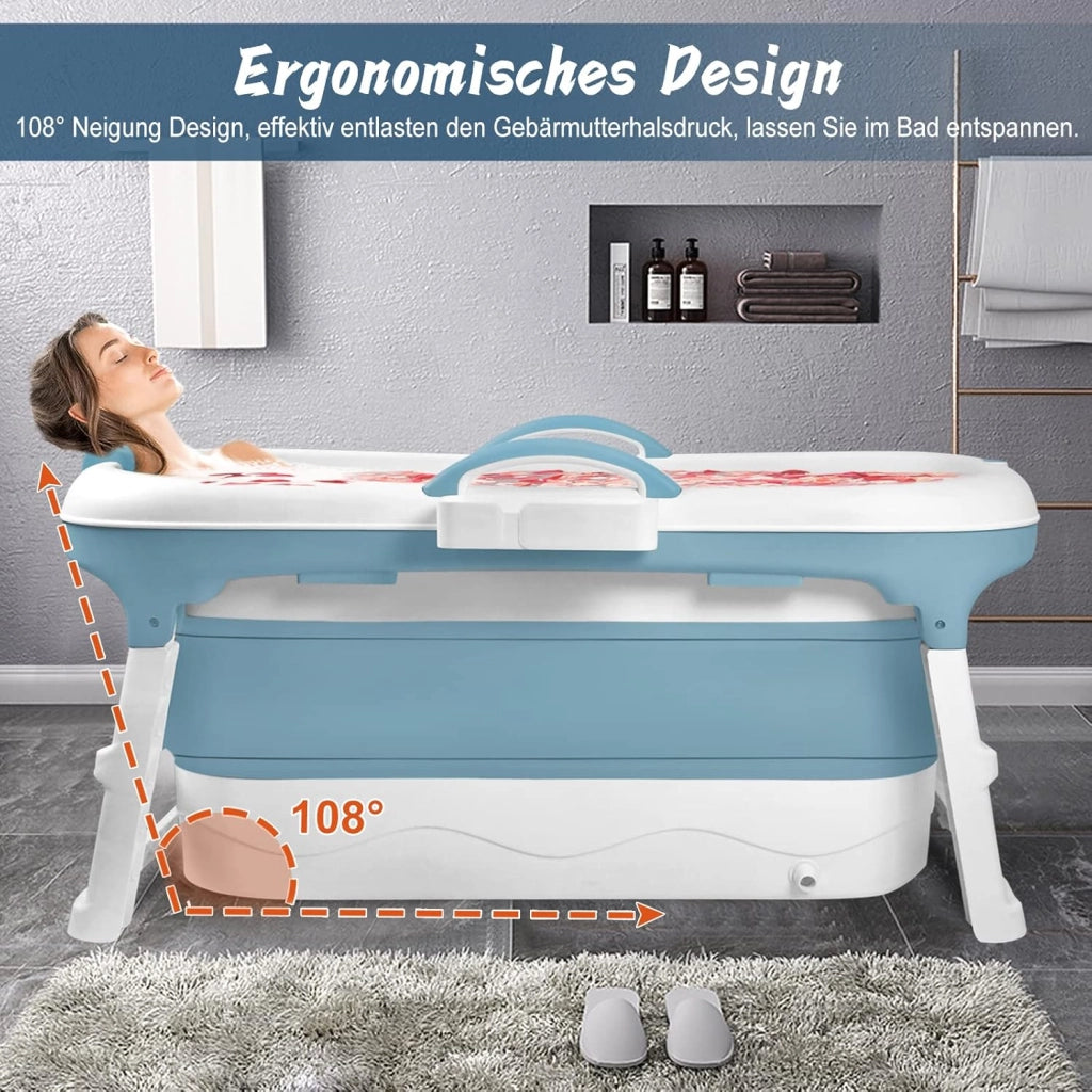 Vasca da bagno pieghevole per adulti, 118 x 60 x 53 cm, con copertura e cestino, mobile pieghevole, autoportante per bagno, doccia e balcone, blu