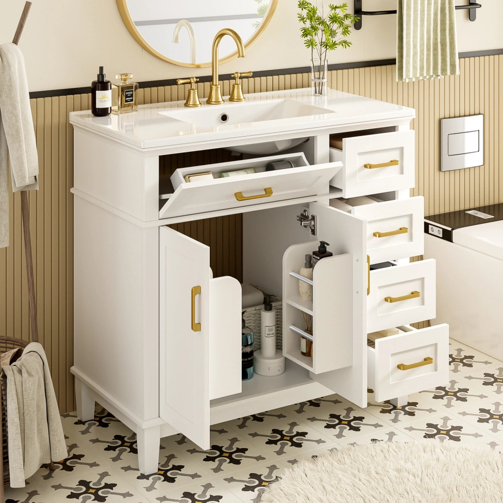 Mobile sottolavabo con lavandino in ceramica, 2 ante e 5 cassetti, per bagno, in MDF e ceramica, bianco, 90 × 46 × 87 cm