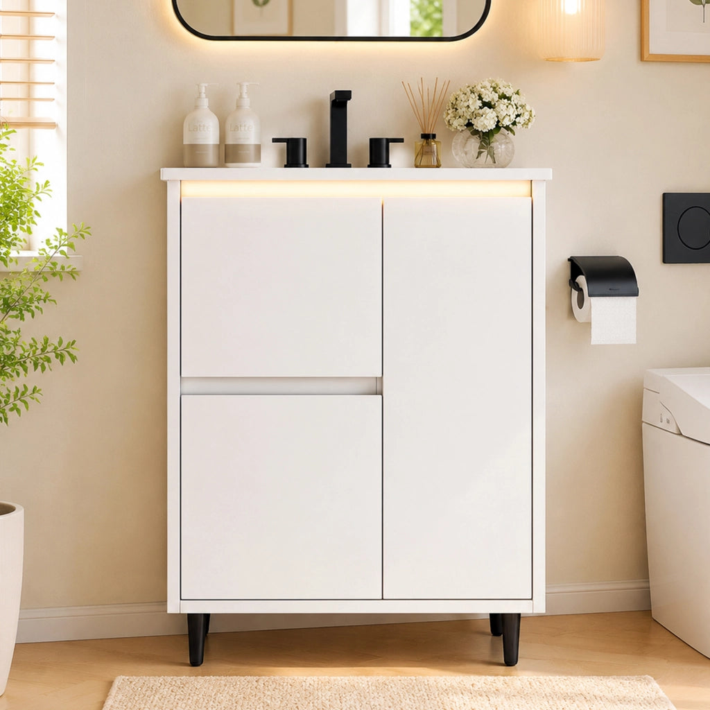 Mobile lavabo freestanding 61 x 46,5 x 87 cm con doppio cassetto, lavabo in ceramica integrato e finitura laccata bianca
