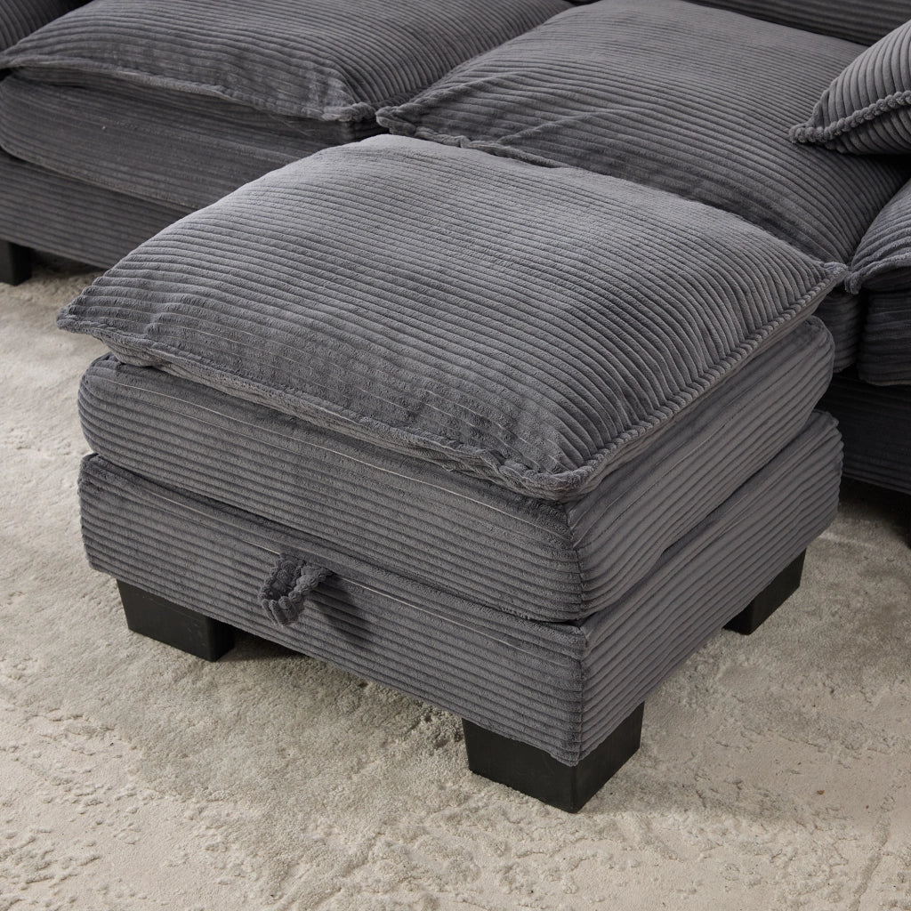 Divano modulare 3 posti in tessuto corduroy grigio scuro con 2 pouf; 260x132x84 cm