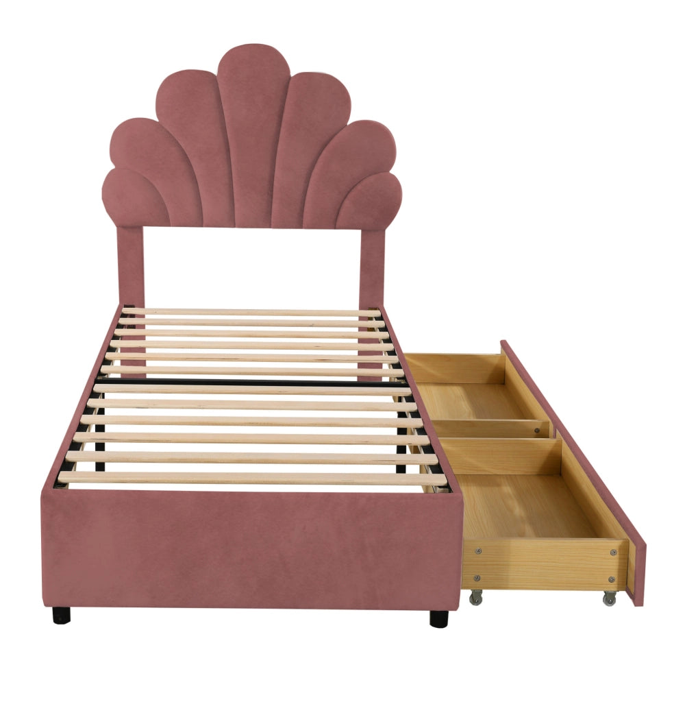 Letto imbottito 90x200 cm; 2 cassetti; velluto; rosa (Senza materasso)
