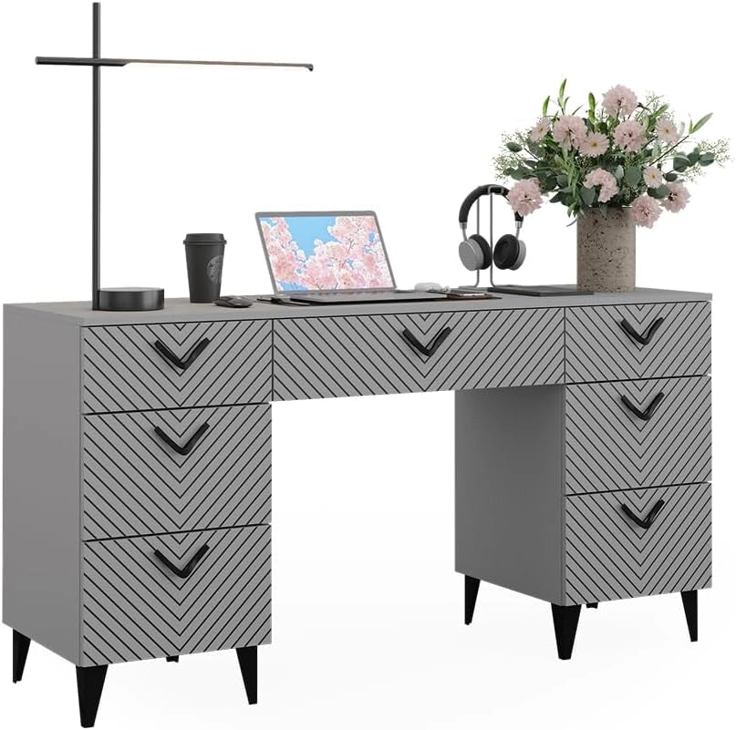 Scrivania Anett, Grigio, 150 x 45 cm con 7 cassetti, adatto per l'uso come postazione di lavoro o ufficio domestico