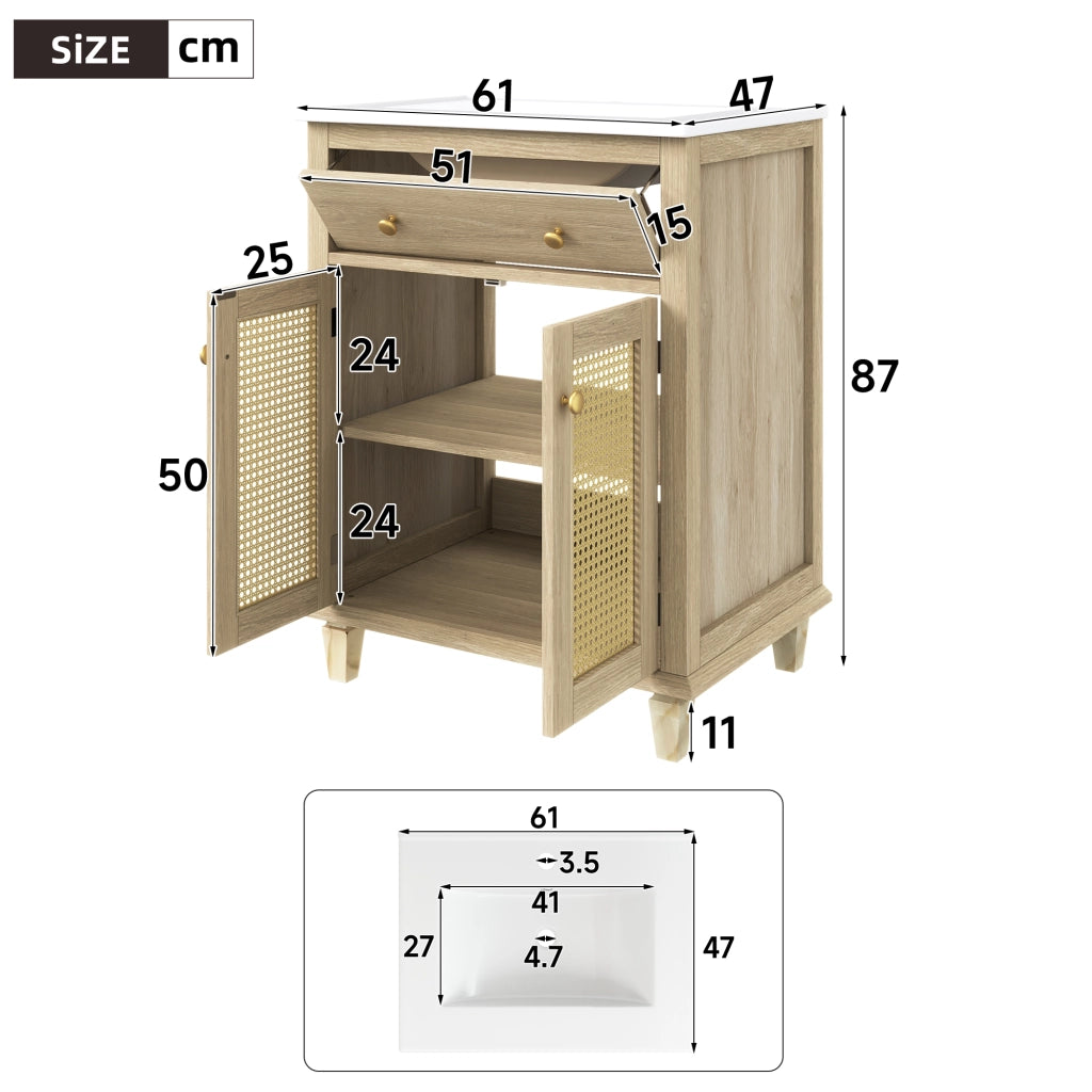 Mobile bagno con 2 ante; 1 ribaltina e ripiani regolabili con lavabo in ceramica per bagno; 61×47×87 cm