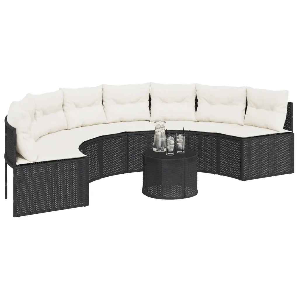 vidaXL Divano Giardino Tavolo e Cuscini Semicircolare Nero Polyrattan
