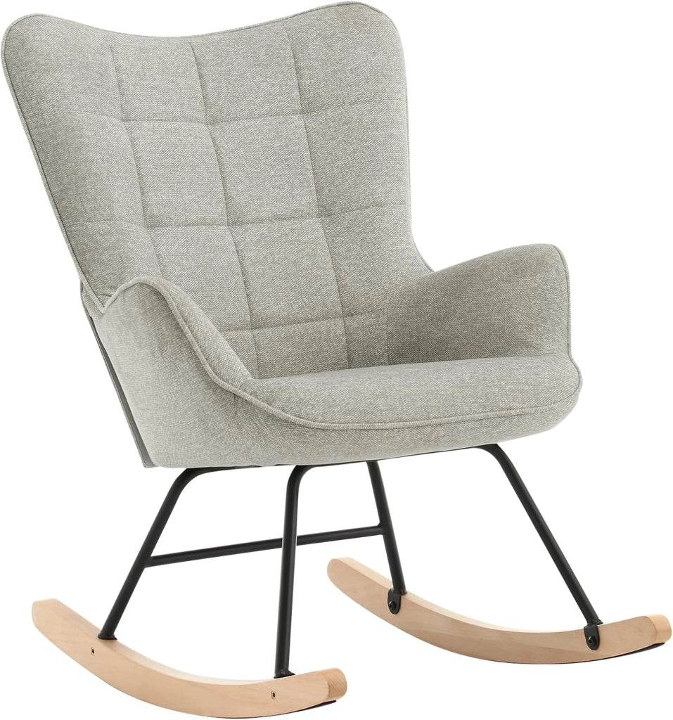 Sedia a Dondolo da Interno, Poltrona Relax con Braccioli e Schienale Alto, Sedia Imbottita in Flanella Per Salotto, Camera da Letto, Base in Metallo e Legno Massello Grigio, 69x90x95cm, SKS30gr