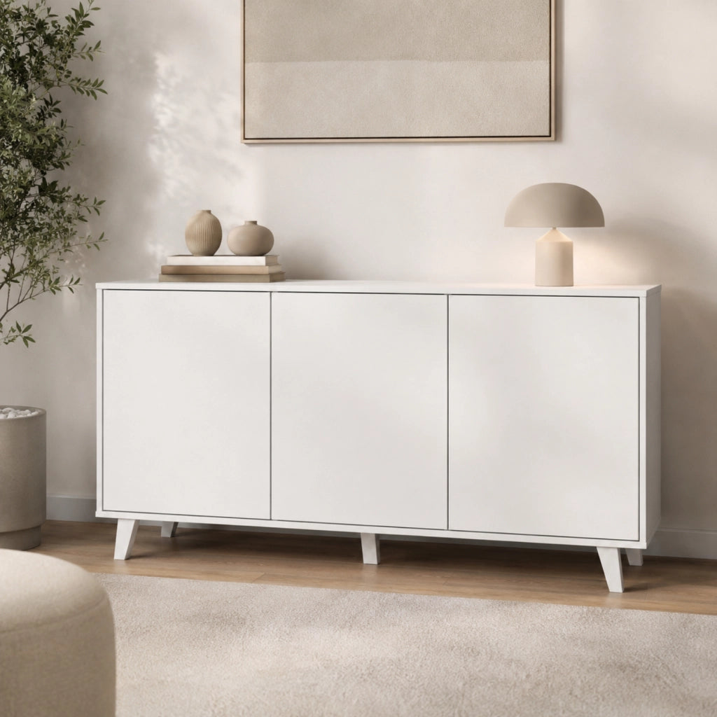 Mobiletto Credenza Moderna Con 3 Ante Senza Maniglie E Piedini Rialzati Per Ingresso Corridoio Soggiorno Salotto Zona Living 154 X 72 X 40 Cm Bianco